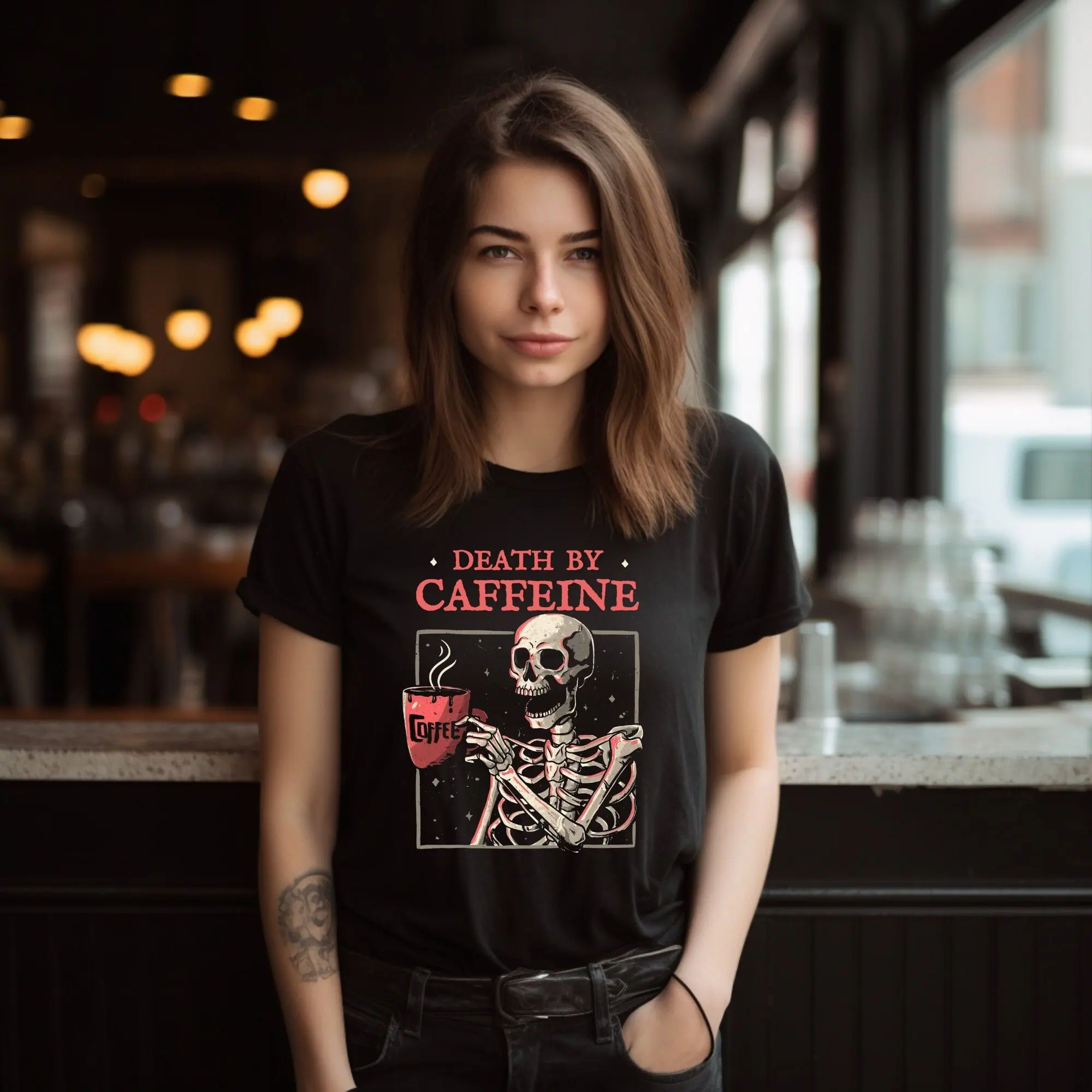 Death by Caffeine Trendy Kaffee Shirt Lustiges Skelett_voghion.com
