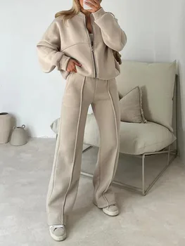 Autumn New Sports Suit For Women Loose Solid Color Zipper Long Sleeve Sweatshirt Coat High Waist Lace Up Trousers 2 Piece Set 1