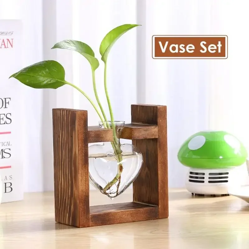 Wooden Frame Glass Vase Hydroponic Plant Vase Vintage Flower Pot Table Desktop Bonsai  Heart Shape Home Decoration Wedding Vase 3