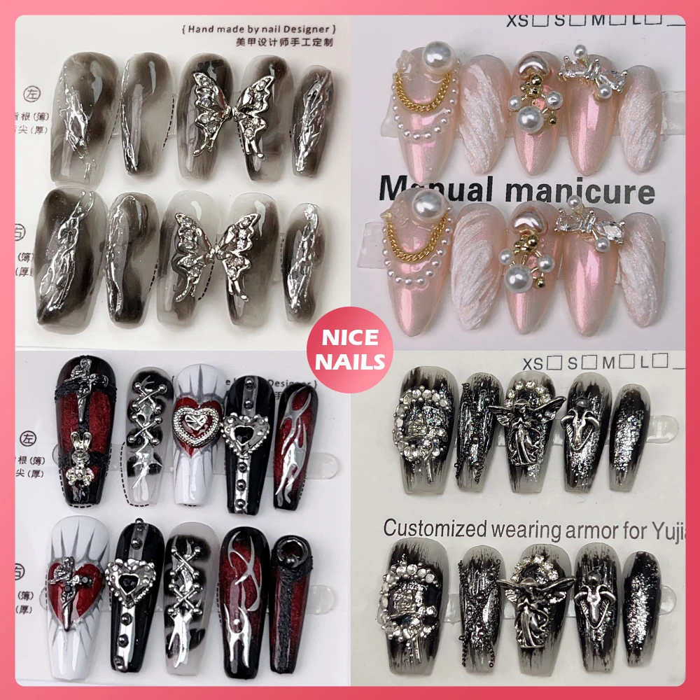 

Y2K Punk Gothic Press On Fake Nails Retro Darkness Spicy Girl Aurora Pink Pearl Full Cover French Artificial Manicuree Nails