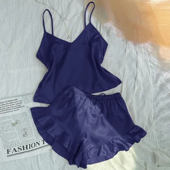 طقم بيجامة نسائية من الساتان الصلب ، توب كامي برقبة على شكل حرف V ، شورت بكشكشة ، ملابس نوم ، ملابس نوم 3
