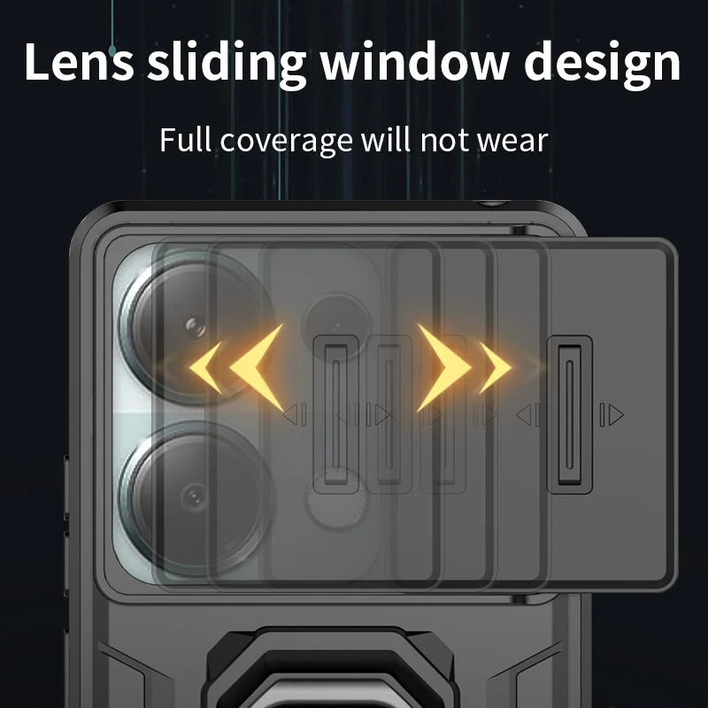 Case Shockproof Armor Slide Lens Protection Ring Stand Cover For Xiaomi Redmi Note 13 Pro 4G