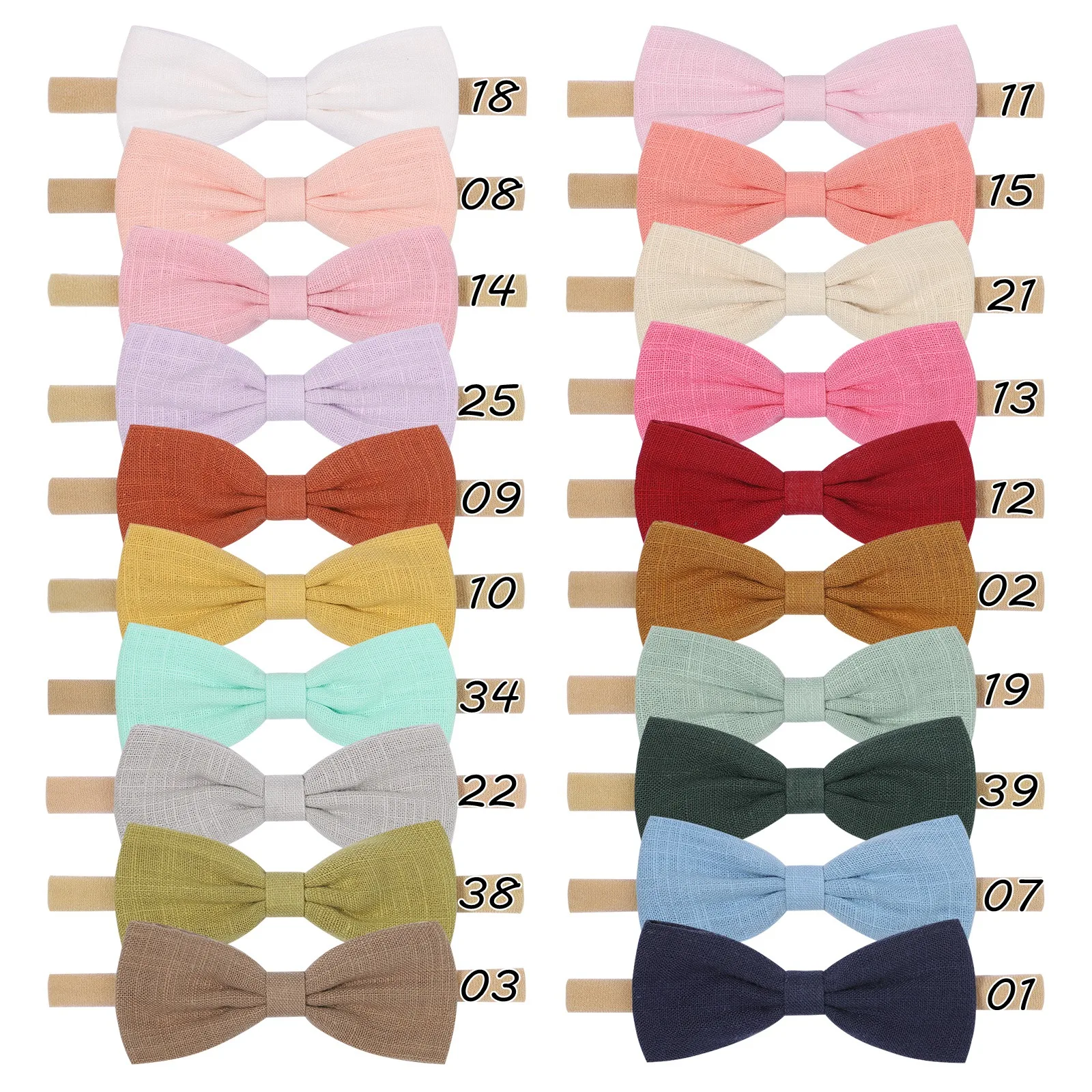 40pc/lot 3.3inch Solid Linen Cotton Hair Bow Nylon Headbands Baby Bow Hair Clips Girls Knotbow Elastic Hairbands Kids Hairpins