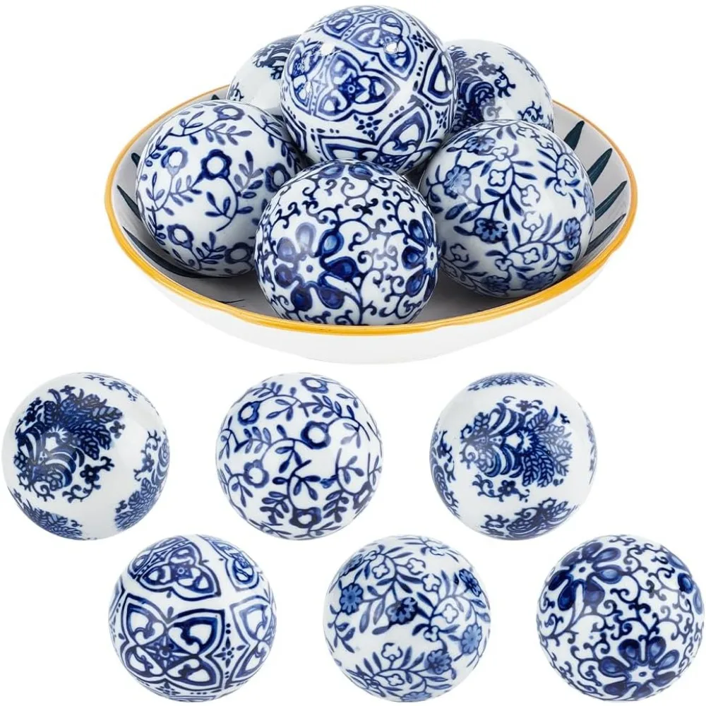 Blue and White Porcelain Balls 6Pcs Handmade Porcelain Beads 2.4 Inch Decorative Ball 2mm Hole Floating Ceramic Orbs