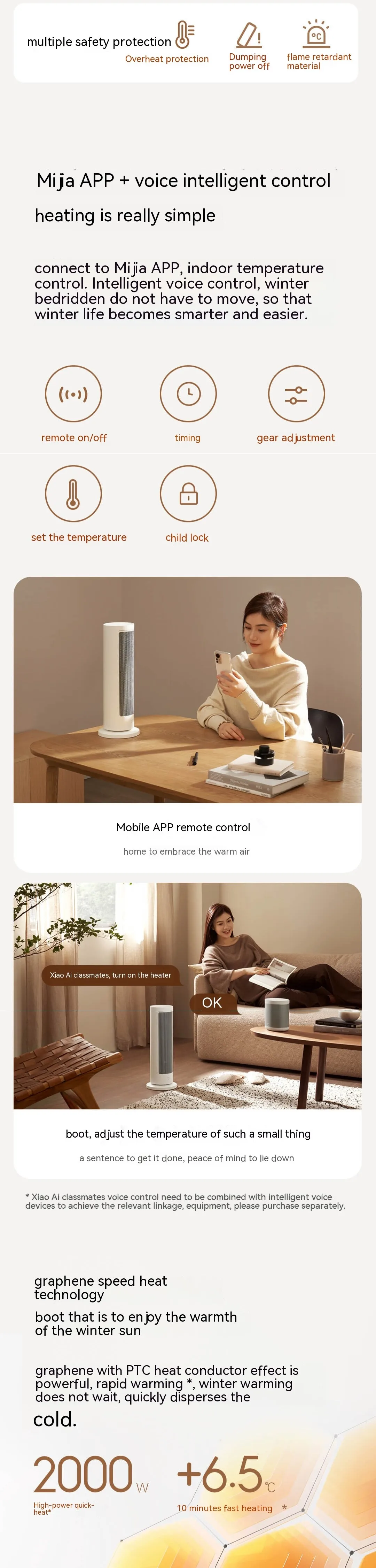 Xiaomi Mijia Graphene Heater 2000W PTC Fast Ceramic Heating with Mijia APP description image 2