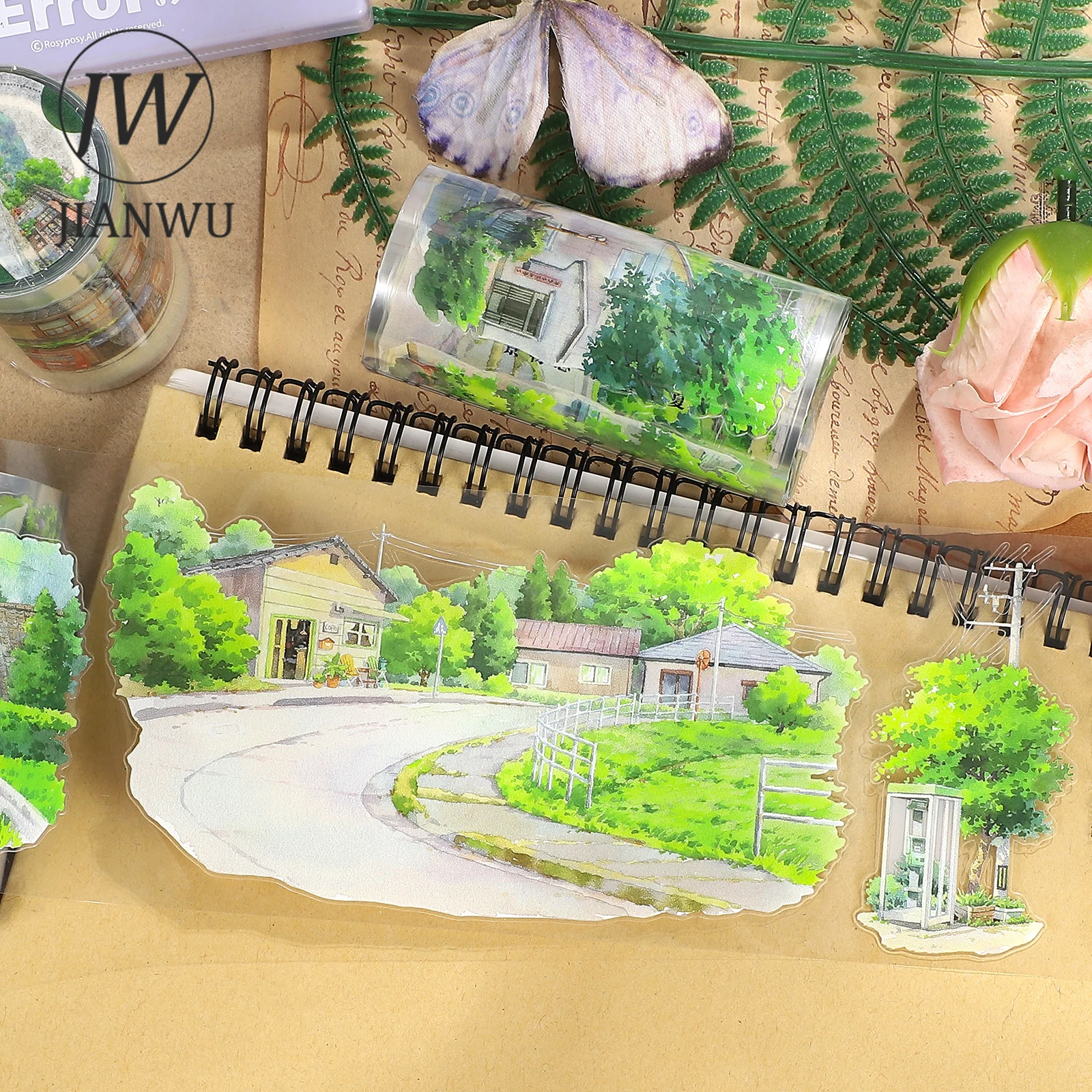 JIANWU 80mm * 5m 빈티지 여름 마을 거리 나무 풍경 재료 콜라주 스크랩북 PET 테이프 크리 에이 티브 DIY 저널 문구