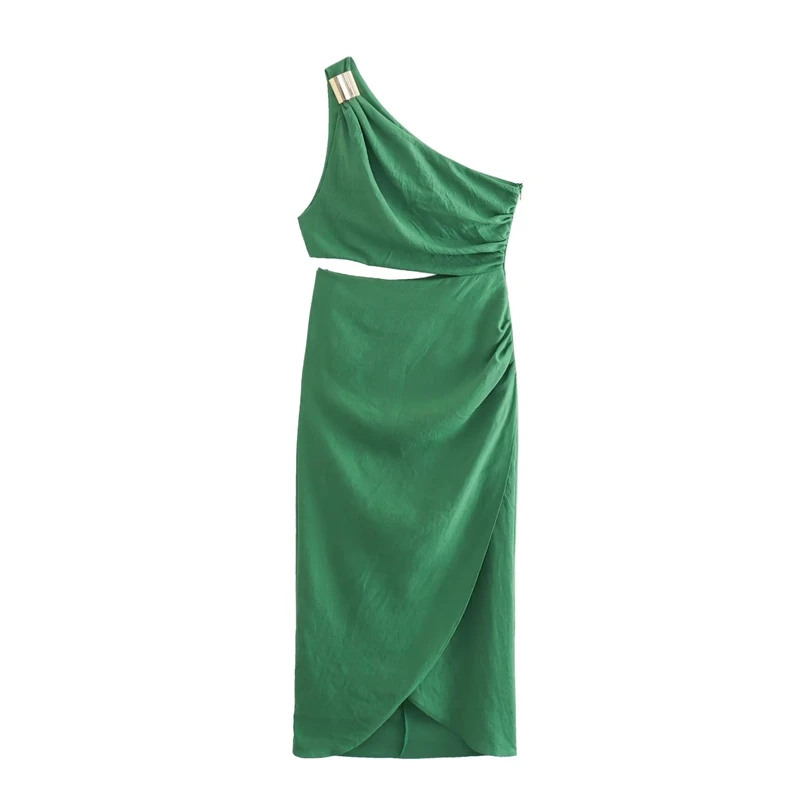 

2023 Summer New Linen Blended Dress Slim Fit One Shoulder Asymmetrical Opening Design Fold Decoration Ladies Mid Length Skirt