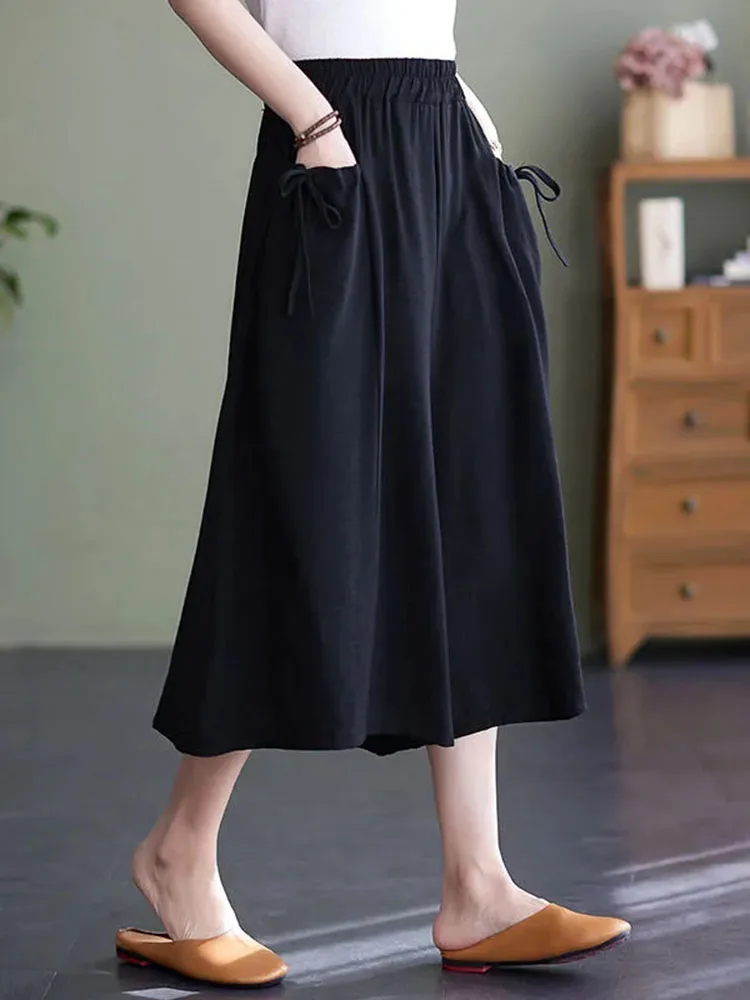 Summer Cotton Linen Culotte Capris Pants Casual Baggy Women High Waist Wide Leg Straight Trouser Mom's  Oversize 5xl Pantalones