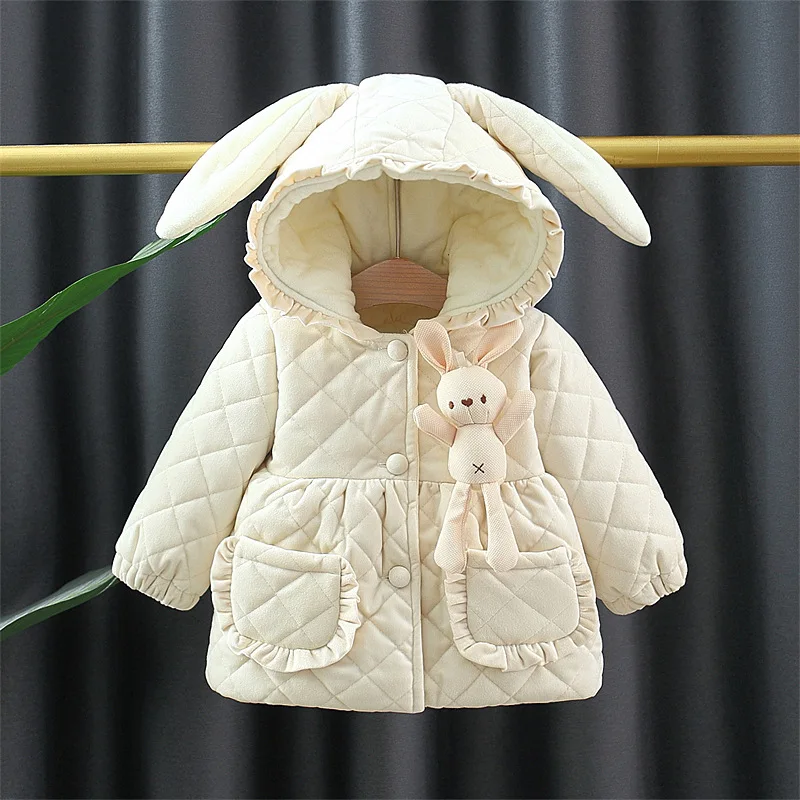 Winter 0-3 Girls' Cotton Jacket Girls' 3D Cartoon Rabbit Hooded Ears Solid Color Cute Plush Cotton Coat