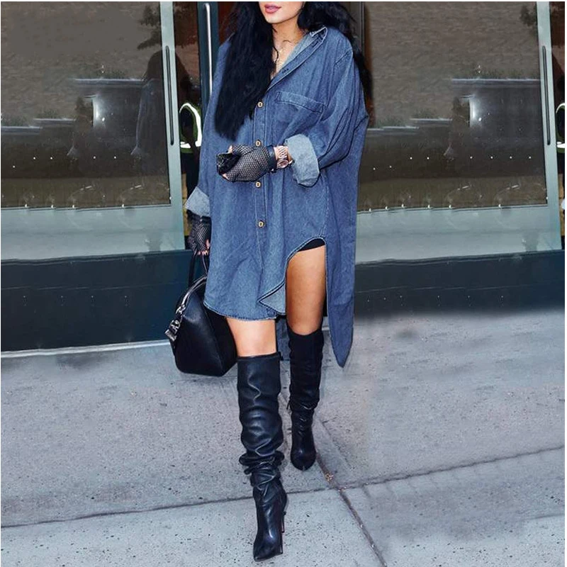 Denim Shirt Dress And Thigh High Boots Dress Jean Thigh High Boots