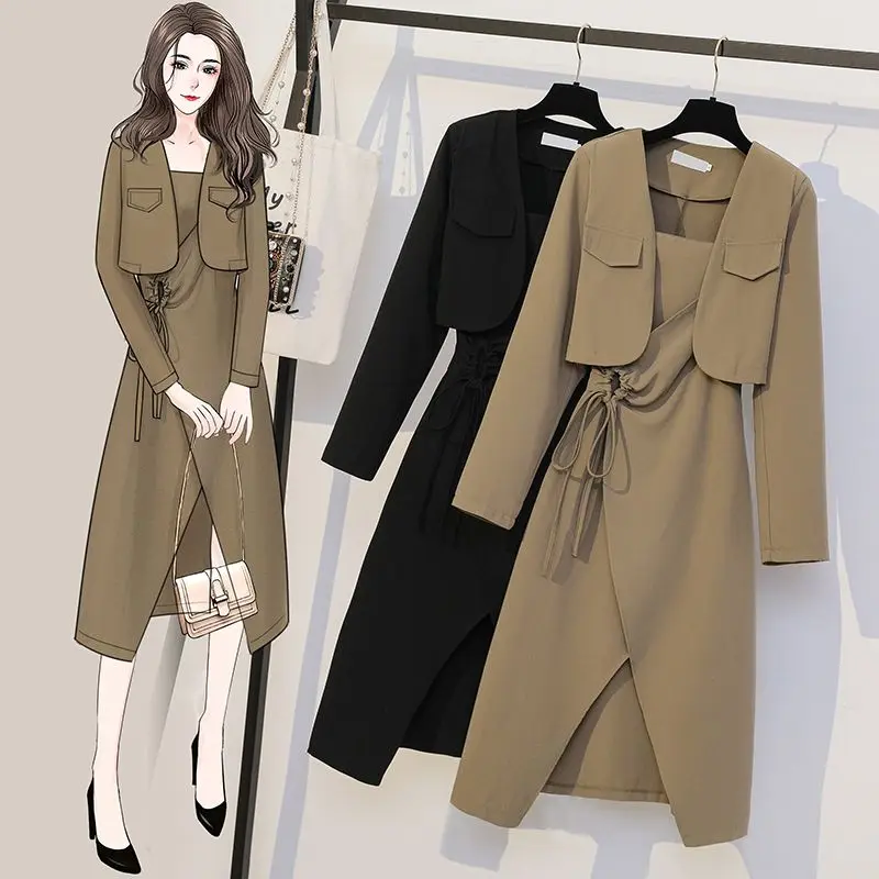 Women's Spring Autumn Short Casual Blazers Jacket Matching Set Korean Elegant Suit Coat+Sexy Split Sling Dress Two Piece Suits