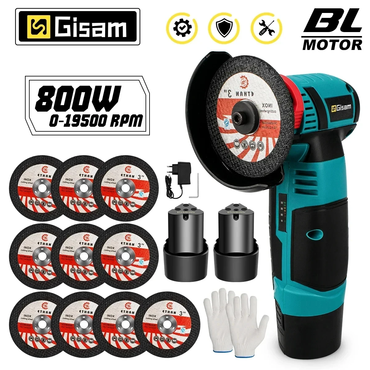 GISAM Brushless Electric Angle Grinder, 12V rechargeable grinding and cutting machine, polishing power tool with 2000mAh battery