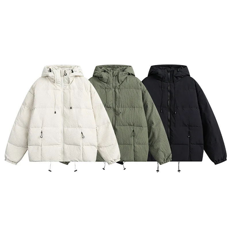 Aolamegs Men Down Jacket with Hood Solid Simple Waffle Duck Padded Coat Japanese Retro Loose Lightweight Warm Parkas Unisex