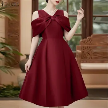 2026 ZANZEA Elegant Bow Satin Dress Women Sexy Cold Shoulder Party Wedding Fashion Vestidos Short Sleeve V-Neck Solid Midi Robe 1