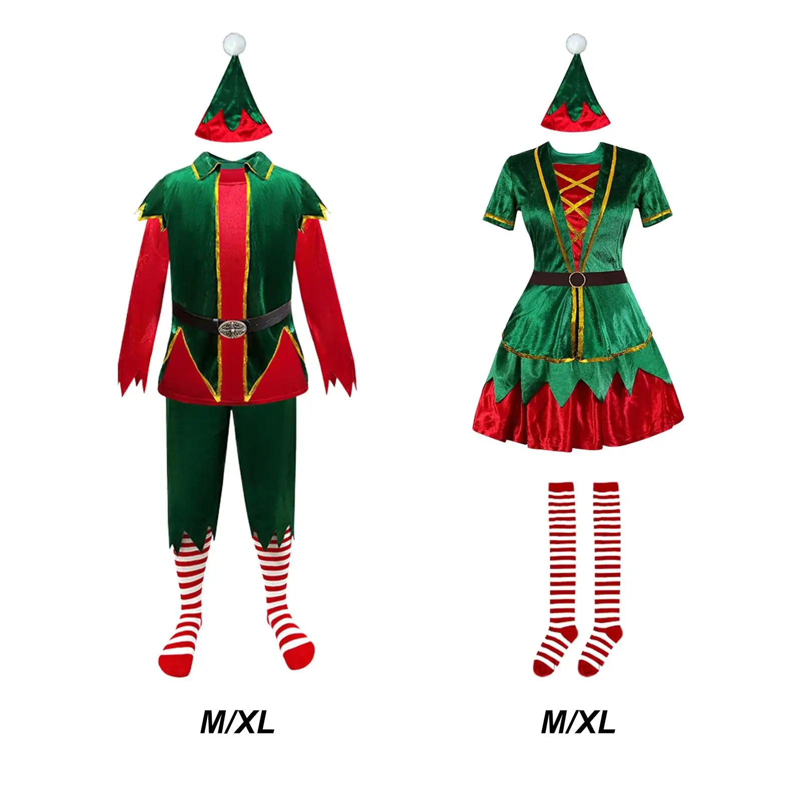 Christmas Elf Dress Adult Cotton Costume Set Cosplay Outfit with Hat Top Belt High Stockings Photo Prop for Christmas Role Play