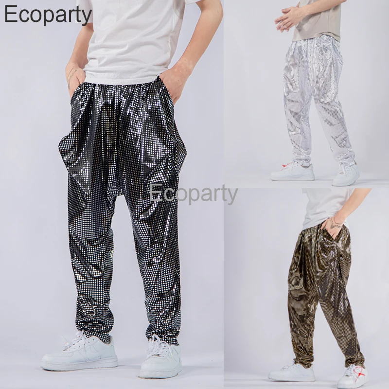 

Men's Fashion Harajuku Sequins Harem Pants Gold Silvery Disco Party Nightclub Stage Show Trousers Hip Hop Singer Costume Pants