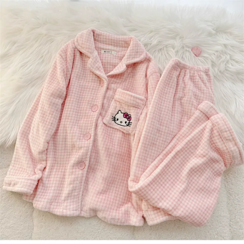 thumbnail image 1 of Conjunto de pijama de franela de Hello Kitty para mujer, ropa de dormir de felpa esponjosa, Tops gruesos, servicio a domicilio, dos piezas, Invierno, 1 of 4