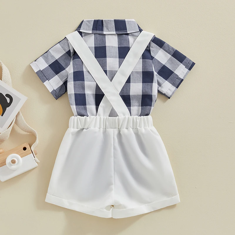 

Infant Baby Boy Summer Gentleman Outfits Plaid Pattern Short Sleeve Lapel Button Down Shirt Romper with Bowtie Suspender Shorts