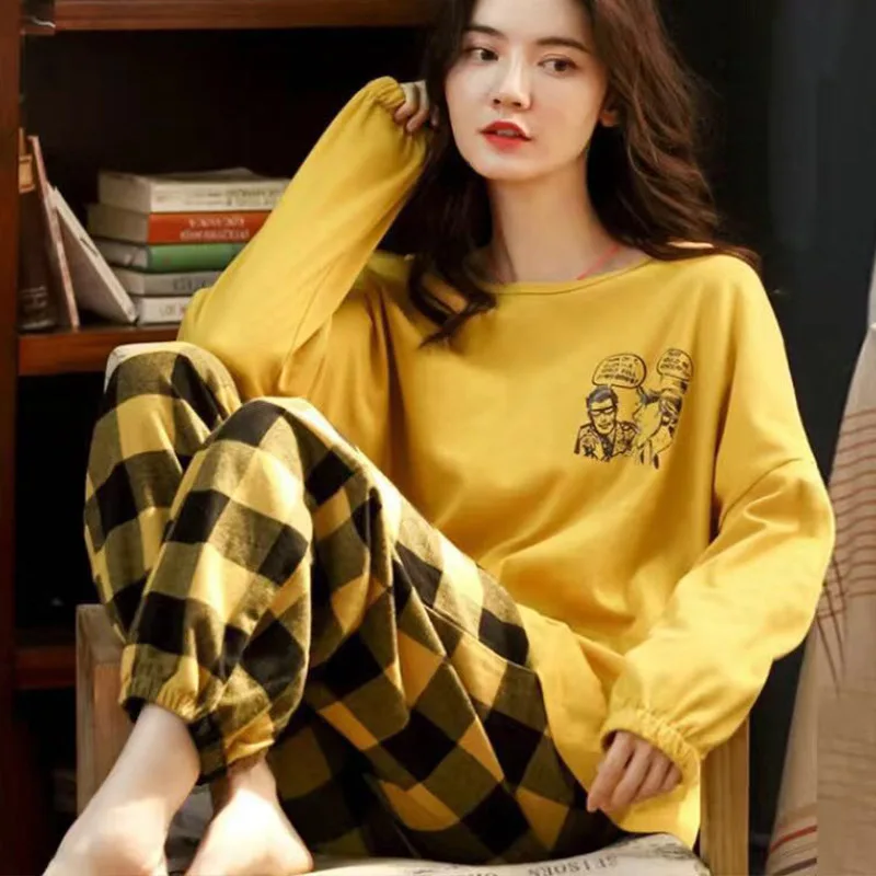 

1 Ms summer pajamas suits female age season cute loose grid can be worn outside leisurewear suit qiu dong