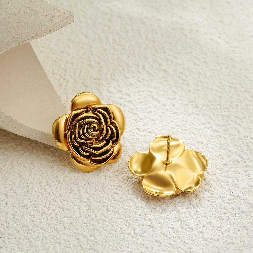 18K Gold Plated Vintage Multilayer Petals Metal Flower Stud Earrings Women Rust Proof 3D Roseflower Studs Bijoux Stylish Aretes