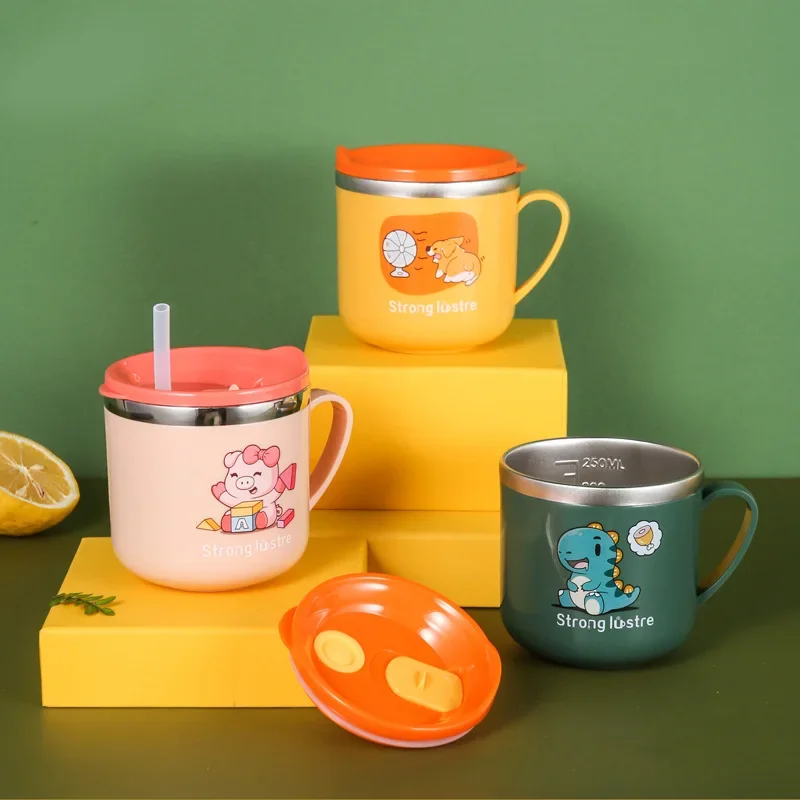 Kids Drinking Feeding Straw Baby Cup with Lid Straw Anti Drop 304 Stainless Steel Milk Cup Cartoon One Hand Grip 250ml/8.5oz drinking cup water cup feeding cup