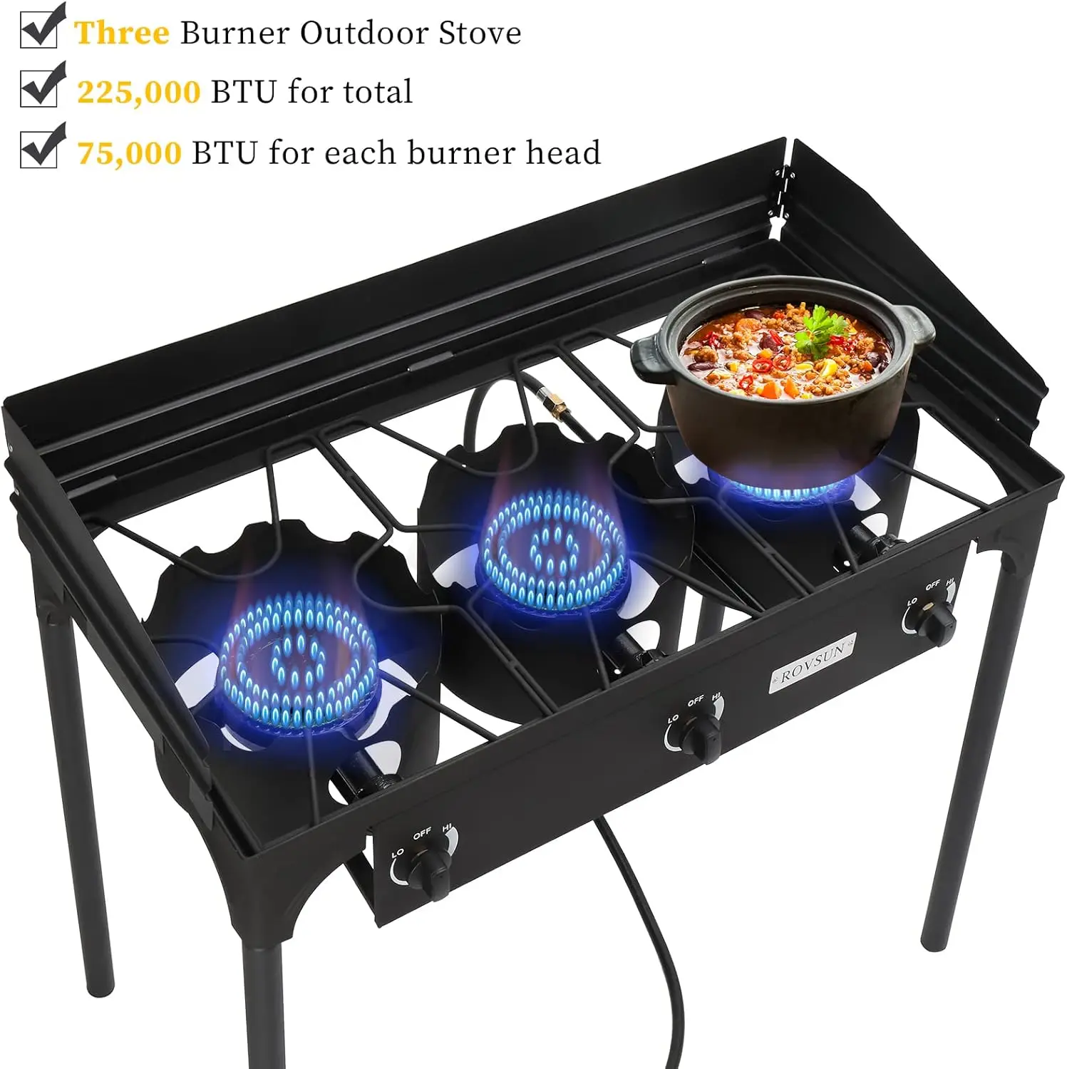 3-Burner Outdoor Portable Propane Burner Stove 225,000-BTU Gas Cooker with Windscreen & Carrying Bag, Heavy Duty Iron Cas 3