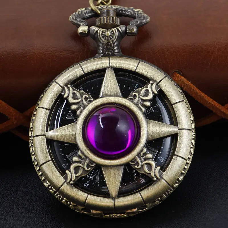 Antique Purple Magic Gem Octagonal Star Quartz Pocket Watch Vintage Fob Chain Necklace Bracelet Pendant Clock Men's Best Gift - Image 2