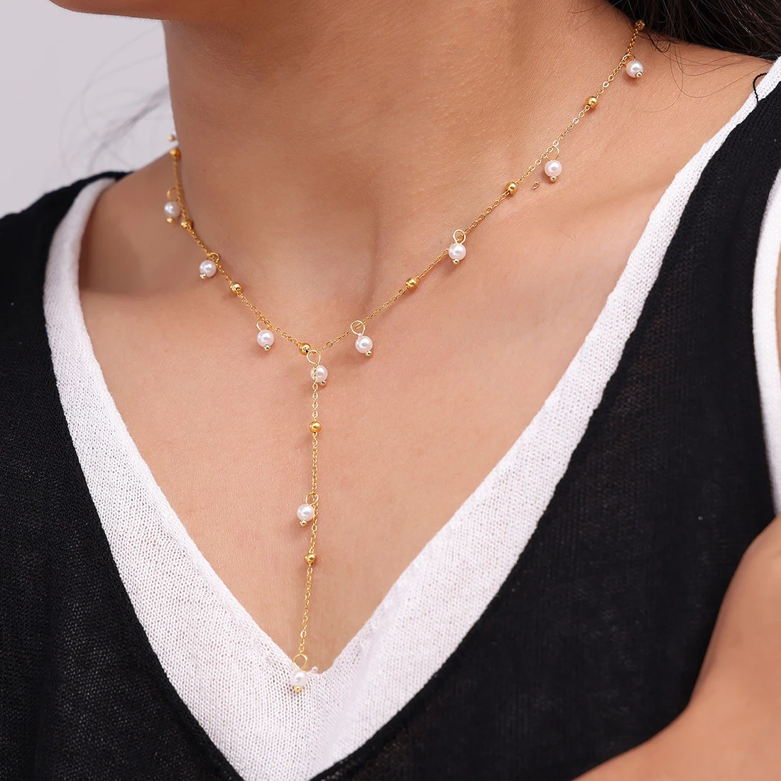 Kleine Perle Quaste lange Anhänger Frauen Edelstahl Halskette vergoldet Choker Schlüsselbein Kette Schmuck Geschenk Großhandel