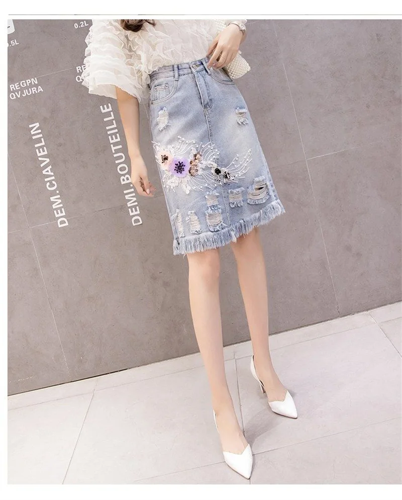 2022 Women's Denim Skirts Spring Summer High Waist Heavy Work Embroidery Flower Jeans Skirt Plus Size Hole Cowboy Skirt nike tennis skirt