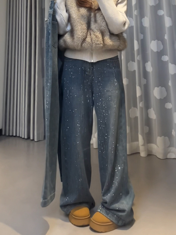 Retro High Waist Wide Leg Denim Jeans Women's Winter New Sle Fce Lined Loose Straight Floor Length Pants Glittering