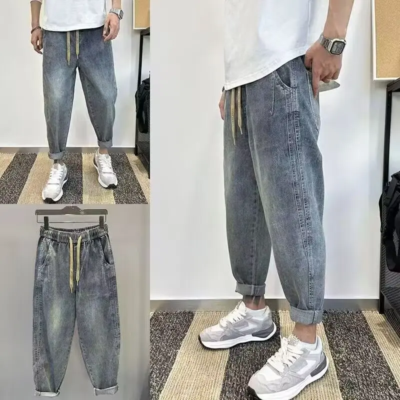Korean Luxury Clothing Loose Drawstring Denim Harem Pants for Men Vintage Washed Elastic Waistband Jeans Baagy Cargo Pants Men