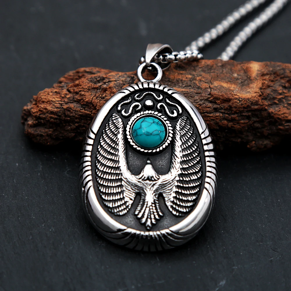 Punk Vintage Eagle Necklace For Men Stainless Stee Turquoise Pendant Biker Animal Amulet Jewelry Gift Wholesale | Украшения и
