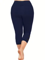 Plus Size Casual Leggings, Women's Plus Plain High Rise Contrast Mesh Capri Leggings - Image 6
