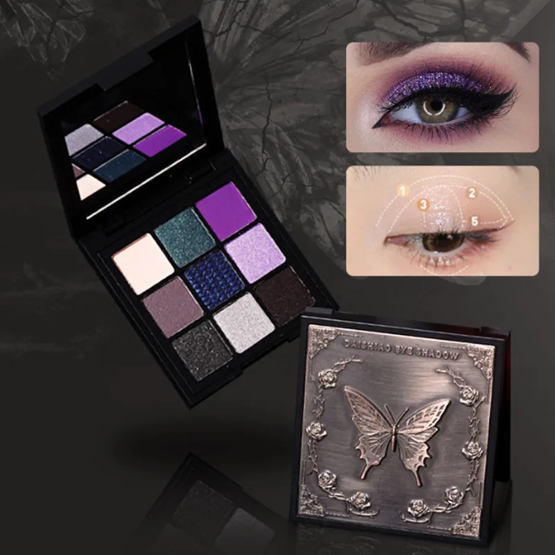 9 Colors Butterfly Eyeshadow Palette Punk Smoky Black Purple Glitter