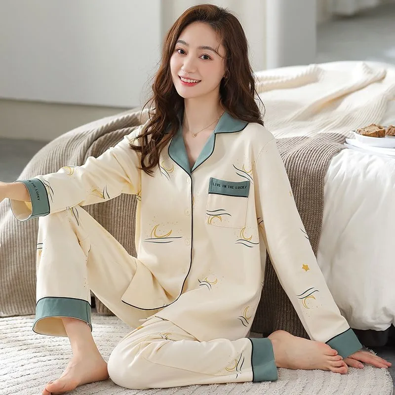 

2024 New Women Cotton Pajama Double-sided Spring Autumn Sleepwear Sweet Long-sleeved Homewear Cardigan V-neck Loose Loungewear