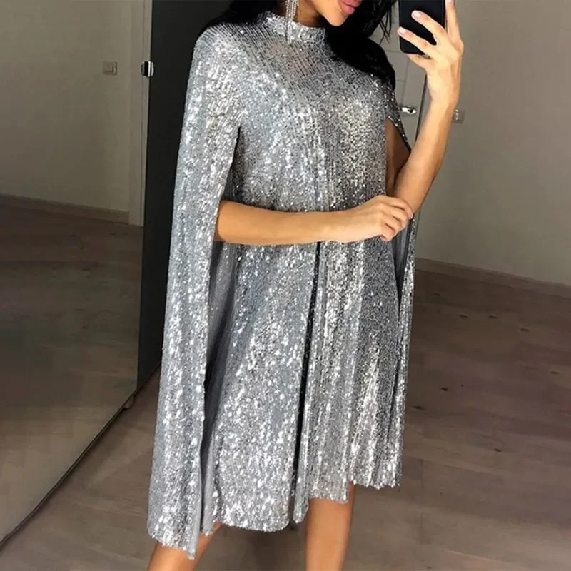 

Women's Sequin Party Mid-length Skirt Cape Sleeve Autumn Dress Women 2024 Summer Loose Elegant Fashion Ladies Clothes