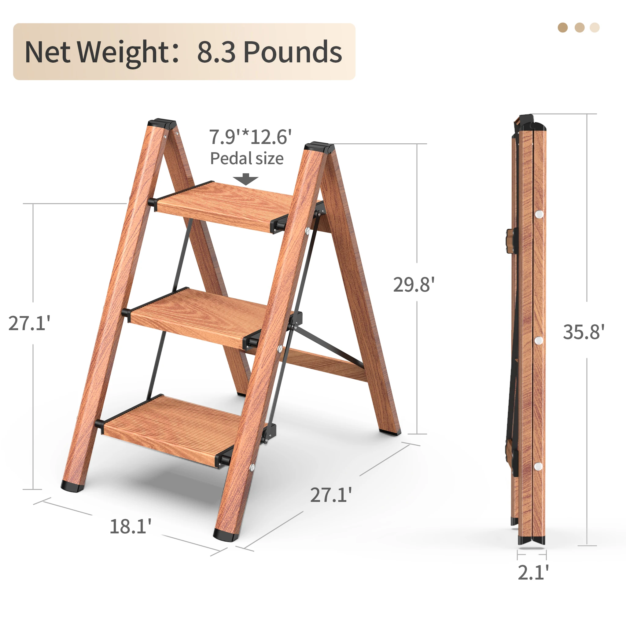 Ladnamy scala in legno a 3 gradini pieghevole per uso domestico