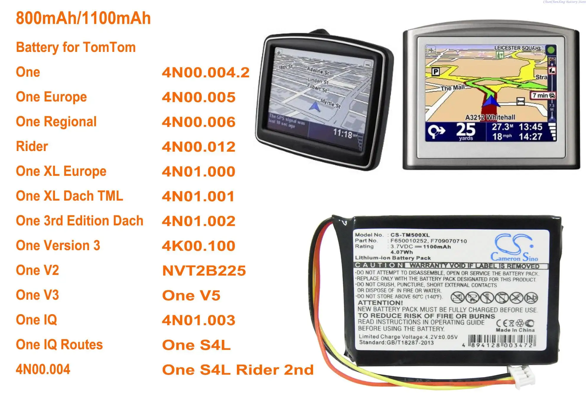 Batteria Cameron Sino 800Mah/1100Mah Per Tomtom One, Rider, V2, V3, Iq, V5, S4L, 3A Edizione Dach