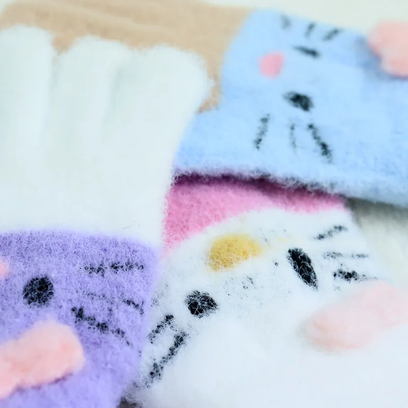Winter Warm Woolen Gloves for 4-10 Years Old Cute Cartoon Cat Fingers Children's Color Block Gloves children gloves