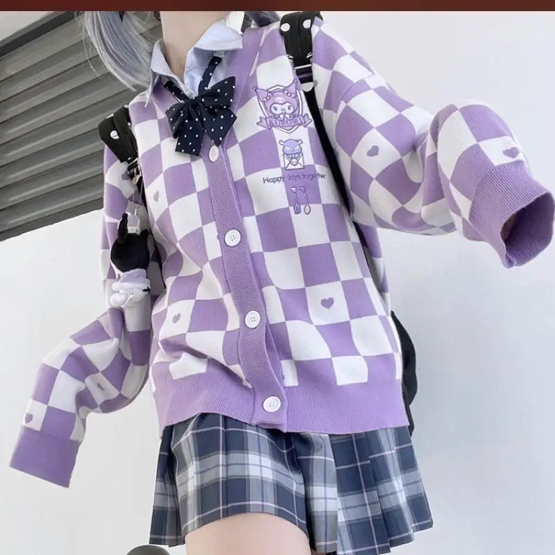 

Sanrio Kuromi Embroidery Ins Jk Cardigan Sweater Female Sweater Autumn and Winter The New Coat Jacket Love Checkerboard Jacquard