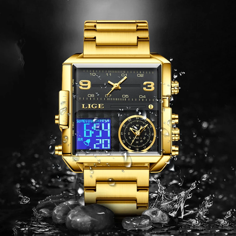 Luxury Gold Steel Sports Square Digital Analog Men's Quartz Watch