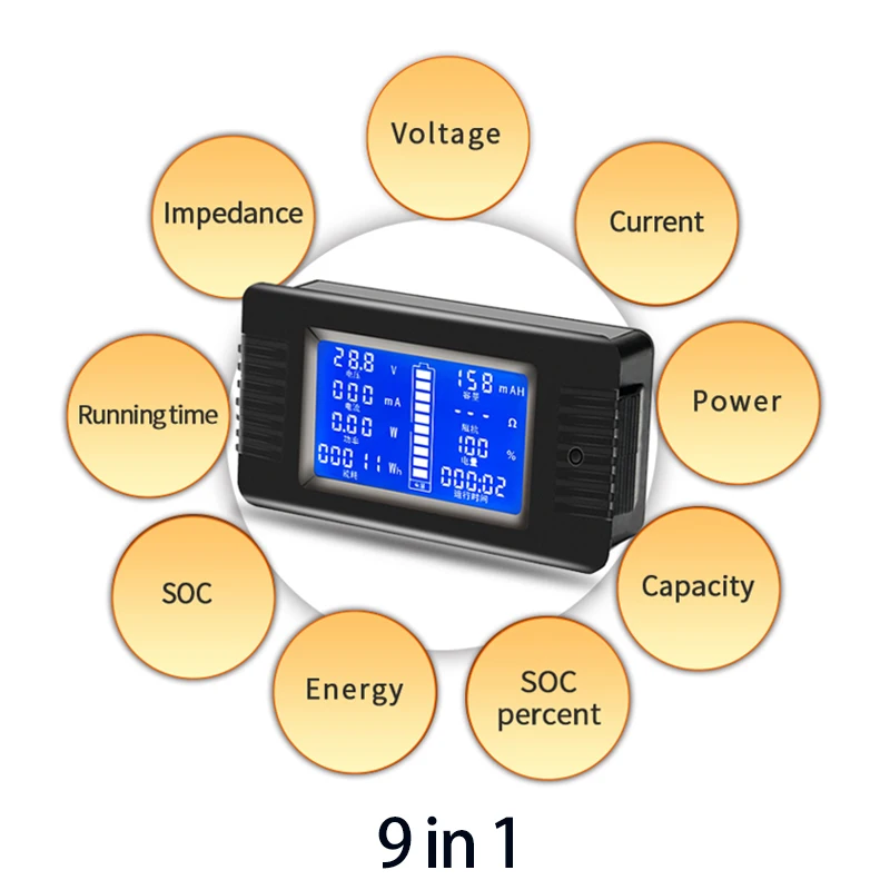 Peacefair Universal Lithium Battery LCD Indicator Capacity Tester Power Energy Impedance Resistance Meter 300A Small Shunt 6