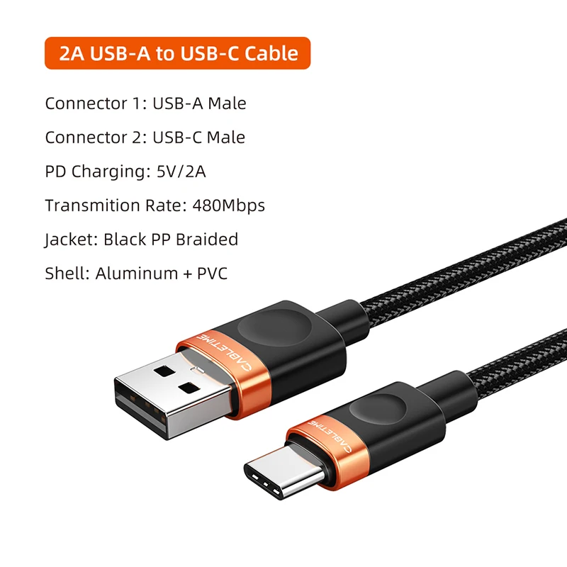 Premium USB A to USB C High-Speed Braided Data Transfer Cable, 2A 480Mbps