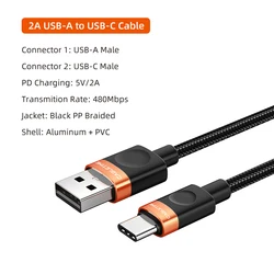 Premium USB A to USB C High - Speed Braided Data Transfer Cable, 2A 480Mbps - 1m (USB A to USB C)