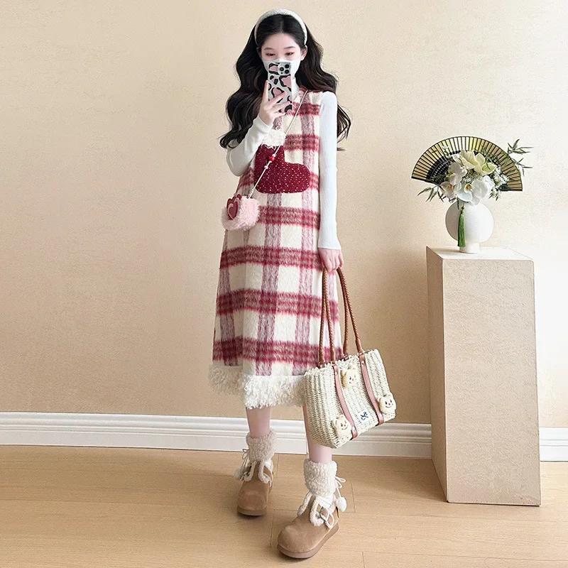 Christmas Plaid Woolen Vest Skirt + Sweater Top Two-Piece Set Autumn Winter Maternity Clothing Baby Clothes