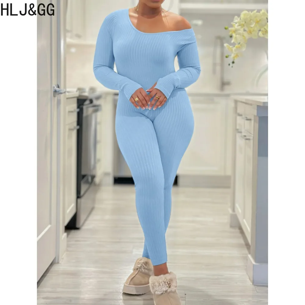 HLJ&GG Autumn Winter Robber Skinny Sporty Jumpsuits Women One Shoulder Long Sleeve Playsuit Female Solid Color Slim Home Overall