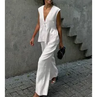 Ensemble gilet et pantalon Long sans manches en coton, haut Sexy à col en v, couleur unie, tempérament, ensemble deux pièces pour femmes 1