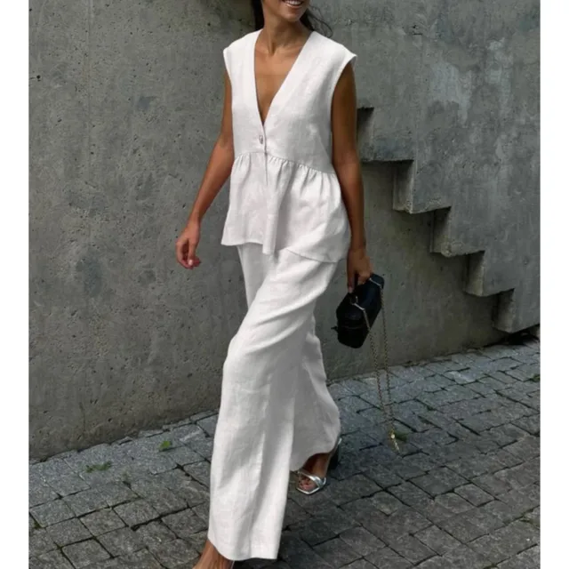 Ensemble gilet et pantalon Long sans manches en coton, haut Sexy à col en v, couleur unie, tempérament, ensemble deux pièces pour femmes 1