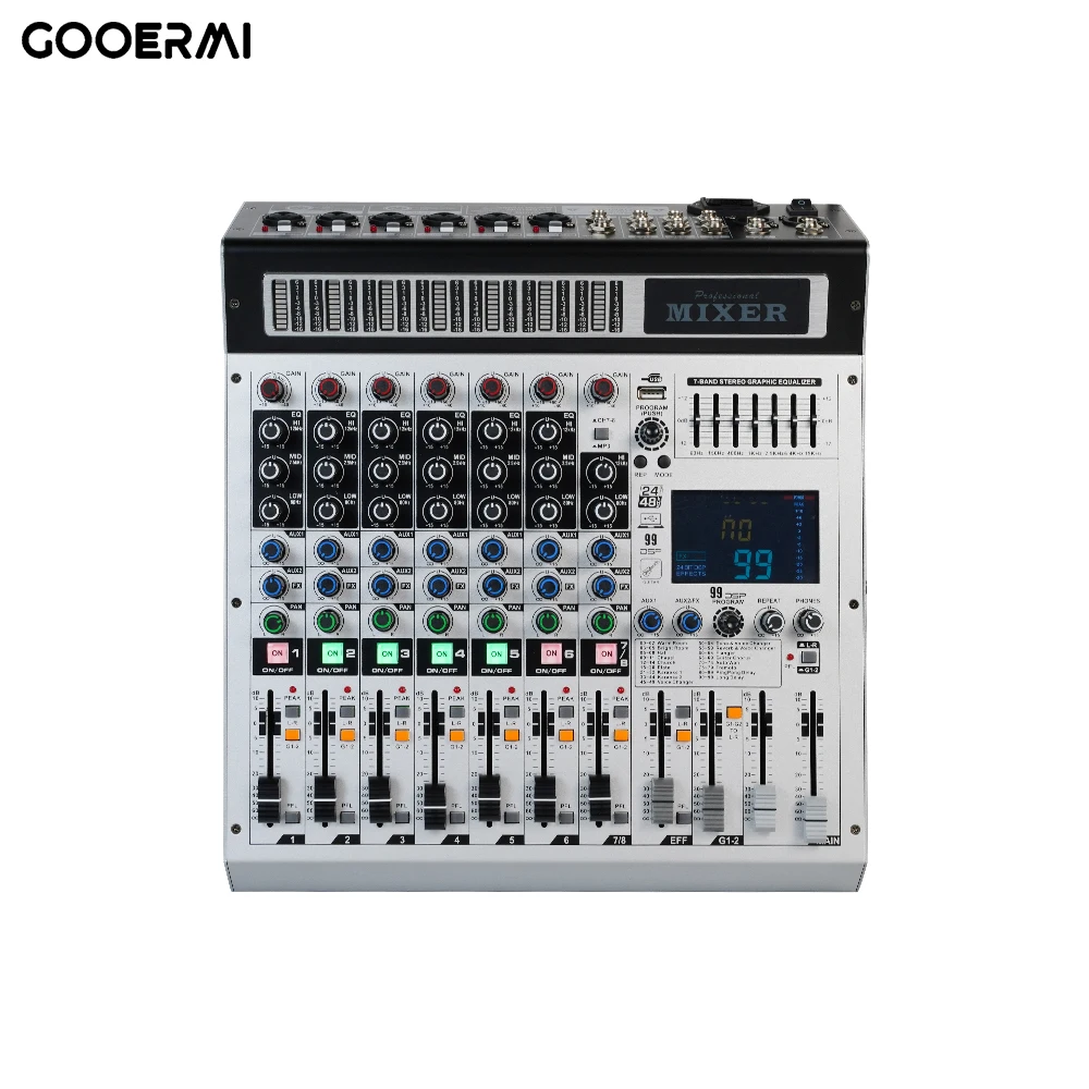 Gooermi MK8 8-Channel Audio Mixer Professional Mixing 99 DSP Digital Effects Audio Console DJ Console For SINGING Broadcasting