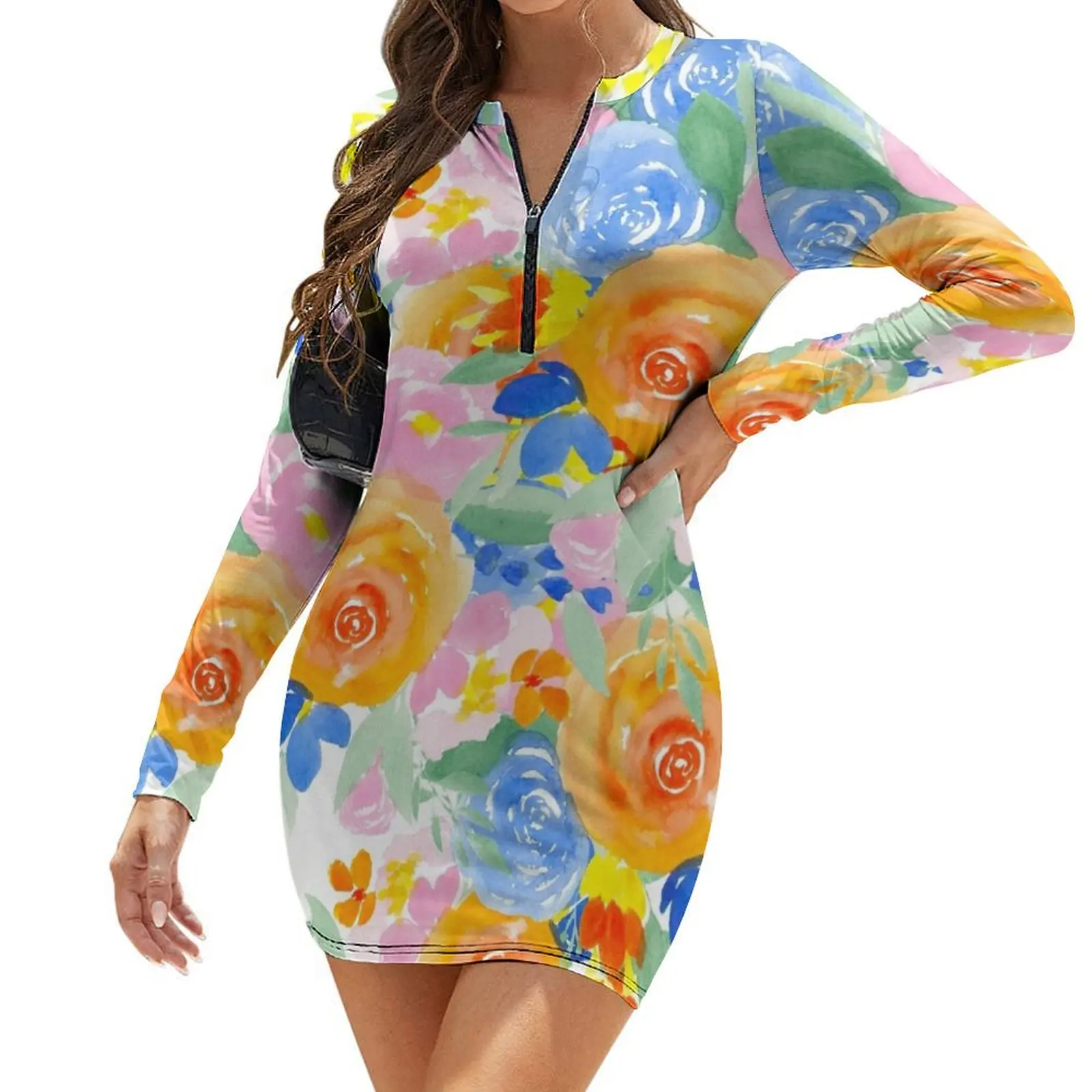 

Bright orange floral watercolor pattern Long-Sleeve Bodycon Dress purple dress women's summer jumpsuit